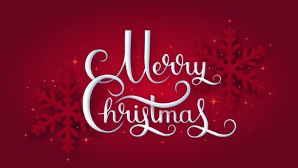 Red christmas background with white hand written text and snowflakes. Festive banner