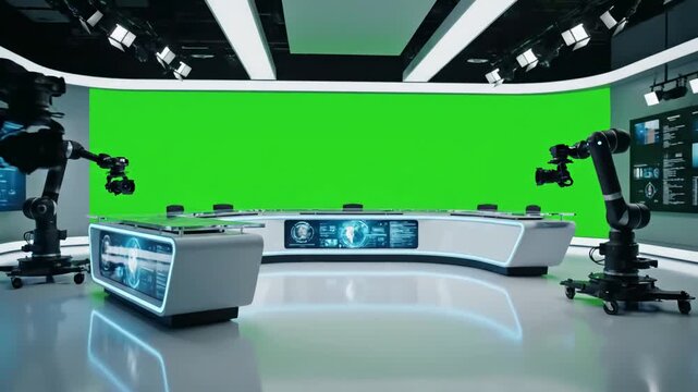 High-Tech News Control Room without Operators with tv studio newsroom background for broadcasts blurred of at station channel design 3d rendering green screen distortion, overlay, glitch, static