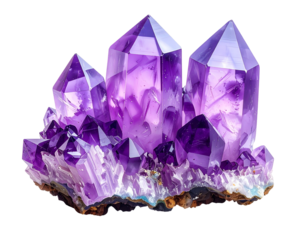 Cluster of sparkling purple quartz crystals with a white base