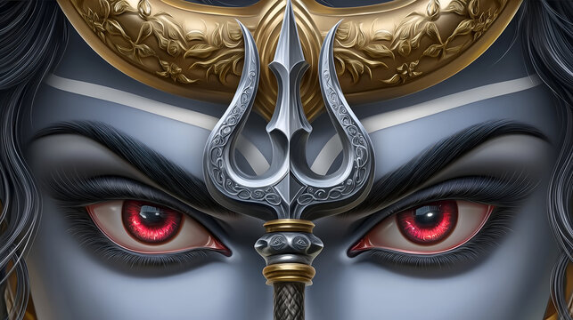 Realistic  illustration of the fierce blue face of Lord Shiva featuring intense red eyes and a silver trident trishul on the forehead representing the third eye power