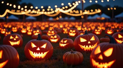 Glowing jack-o'-lanterns field with string lights overhead at night