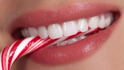 Close-up of Lips Biting a Candy Cane
