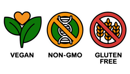 Vegan, Non-GMO, Gluten free icon set