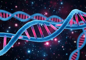 Abstract representation of a dna double helix strand with vibrant blue and pink colors, symbolizing genetic research, biotechnology, and medical science in a futuristic context
