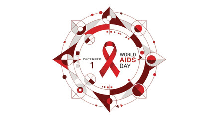Striking geometric illustration with a prominent red ribbon, representing global unity, support, and critical health awareness for an important annual observance held December first