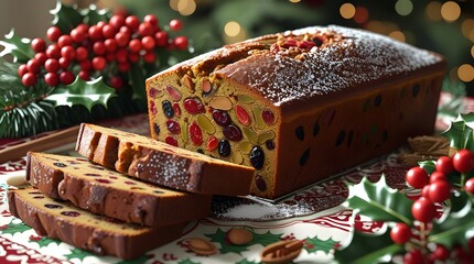a traditional Christmas loaf fruit cake, freshly baked for Christmas and New Year celebrations, with a golden brown crust, moist and dense texture, and an assortment of dried fruits, nuts, and spices