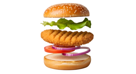 Exploded view of a delicious crispy chicken sandwich with sesame seed bun, fresh lettuce, tomato slice, and red onion rings, isolated on transparent background