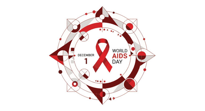 Striking geometric illustration with a prominent red ribbon, representing global unity, support, and critical health awareness for an important annual observance held December first