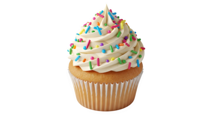 Delicious vanilla cupcake with white frosting and colorful rainbow sprinkles, perfect for a birthday celebration, isolated on transparent background