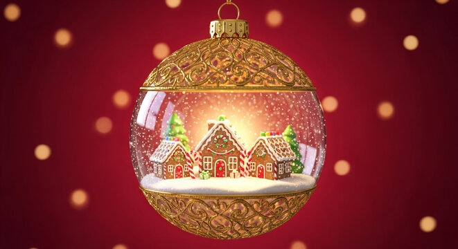 Ornamental gold Christmas ball with gingerbread house scene inside, against blurred bokeh lights on dark red background, representing festive holiday spirit