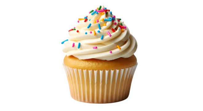 Delicious vanilla cupcake with creamy white frosting and colorful rainbow sprinkles, isolated on transparent background for easy use in various design projects