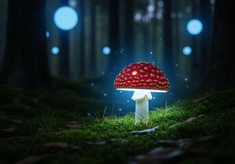 Enchanting glowing mushroom in a mystical dark forest with soft blue light orbs, creating a magical and ethereal fantasy scene