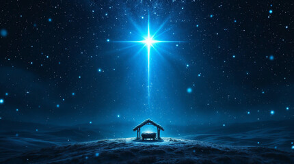 Fototapeta na wymiar The Star of Bethlehem shines over a manger in a classic nativity scene. Christian Christmas story of the birth of Jesus on a holy night.