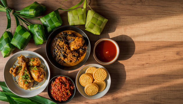 Delicious ketupat and rendang dishes arranged on wooden table for Eid alFitr celebration, showcasing traditional Indonesian cuisine and festive atmosphere.