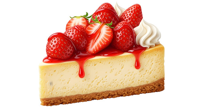 Delicious slice of classic baked cheesecake topped with fresh ripe strawberries, sweet strawberry glaze drizzle, and a swirl of whipped cream, isolated on transparent background - Powered by Adobe