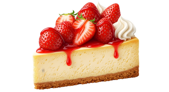 Delicious slice of classic baked cheesecake topped with fresh ripe strawberries, sweet strawberry glaze drizzle, and a swirl of whipped cream, isolated on transparent background