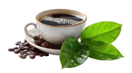 A cup of coffee with beans and green leaves on a white isolated background.