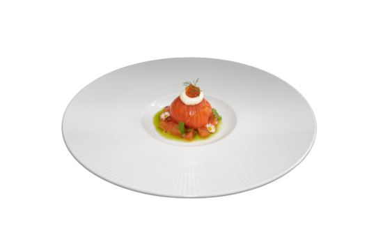 A beautifully plated appetizer of fresh seafood on a white plate, ready to be enjoyed. The dish looks elegant and well-composed.