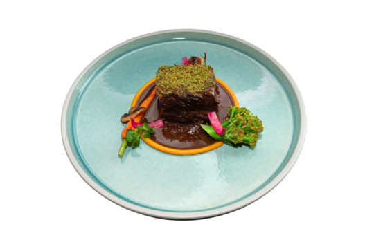 A gourmet dish artfully presented on a stylish plate, showcasing culinary excellence