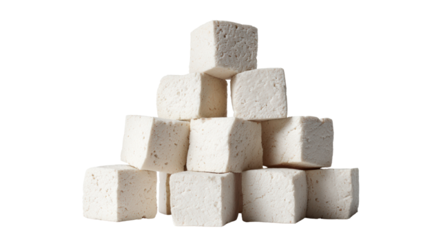 A mound of white sugar cubes arranged in a pyramid shape, isolated on white background.