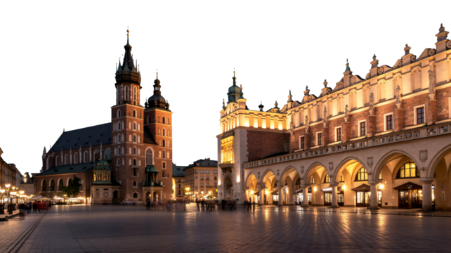 Experience Krakow's Main Market Square at night, where history and vibrant city life intertwine in a stunning display of architecture and culture - Powered by Adobe