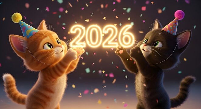 Adorable 3D illustration of two kittens wearing party hats holding a bright glowing 2026 neon sign amidst colorful falling confetti - Powered by Adobe