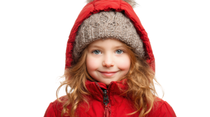 A smiling child in a red winter jacket and knitted hat against a white background.