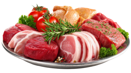A variety of fresh meats including beef, pork, and chicken arranged on a silver platter, garnished with herbs.