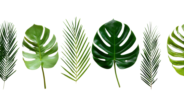 A variety of tropical leaves on a white isolate background, showcasing natural textures and vibrant green hues.