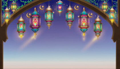 Ramadan lanterns hanging under archway during islamic holiday celebration, creating festive and spiritual atmosphere with traditional decorations and soft lighting.