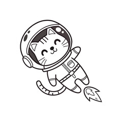 Cute cartoon cat astronaut floating in space silhouette