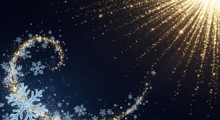 Image of light blue snowflake and bright golden glitter on dark background. Festive winter themed illustration, sparkling and magical appearance. Free space