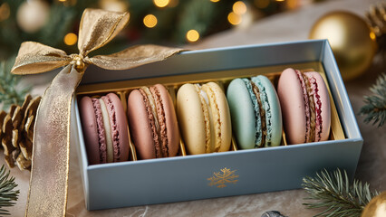 Christmas Macaron Gift Box with Ribbon