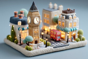 miniature city model, intricate clock feature, white and gray tones, detailed architecture, soft lighting, modern aesthetic, suitable for website banner, social media header, app UI