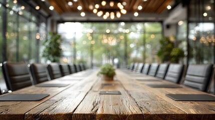 Blurred modern conference room with long table and chairs and large windows looking out to greenery in corporate meeting setting and lighting.