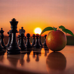 Illuminated chess pieces stand on a board edge, transparent background