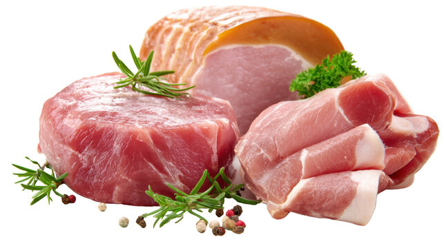 Assorted fresh meats with herbs on white isolated background.
