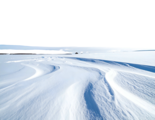 Snow drifts create flowing patterns on a vast frozen plain