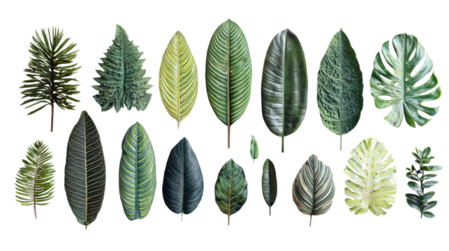 Assorted green leaves on a white isolate background for various design needs.