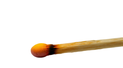 Burning matchstick isolated on white background, showcasing fire and safety.