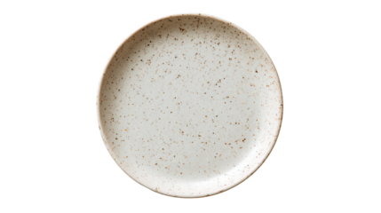 Ceramic plate with a speckled design, isolated on a white background.