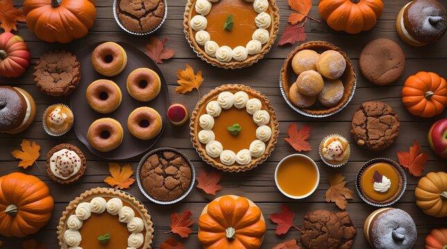 Autumn desserts table scene with an assortment of traditional fall sweet treats. Above view over a rustic wood background.