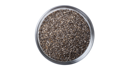 Chia seeds in a glass bowl on a white background, healthy superfood for nutrition and recipes.