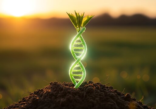 Biotechnology concept with a vibrant green plant growing from soil, its stem and leaves forming a glowing dna helix structure at sunset, symbolizing genetic engineering in agriculture