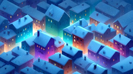 Snow-covered rooftops glowing with festive colorful lights