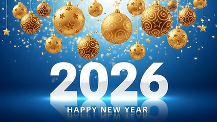Happy New Year 2026 Celebration with Gold Ornaments on Blue