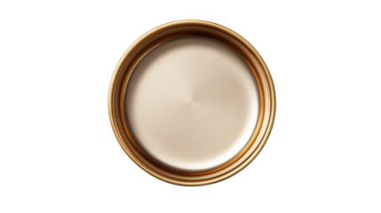 Close-up of a circular, gold-rimmed plate on a white isolated background.