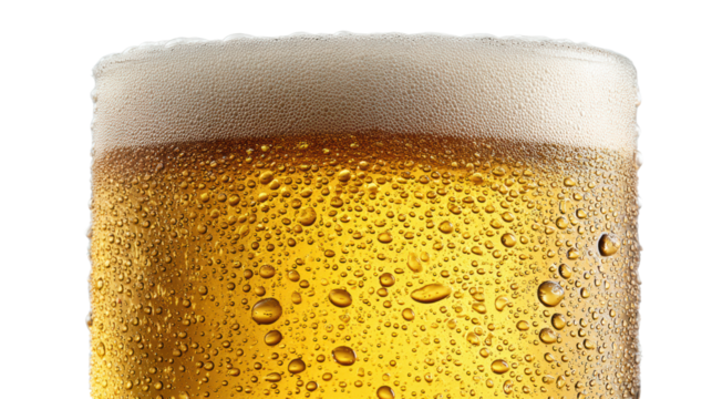 Chilled beer glass with frothy head, isolated on white background.