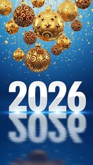 Happy New Year 2026 Golden Baubles and Confetti on Blue Background