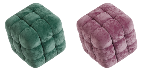 Inflatable abstract 3D velvet cube ottoman illustration, isolated with transparent background